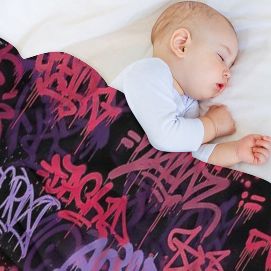 Cyberpunk Graffiti Mural Purple Pinkish Red & White Tags on Black Plush Throw Blanket