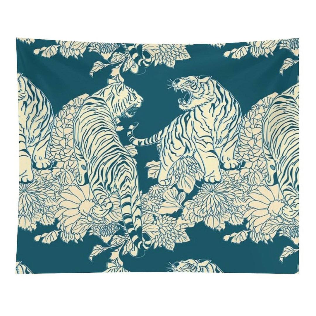 Teal And Cream Tigers And Flowers Tapestry