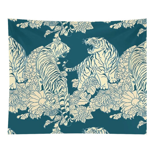 Teal And Cream Tigers And Flowers Tapestry