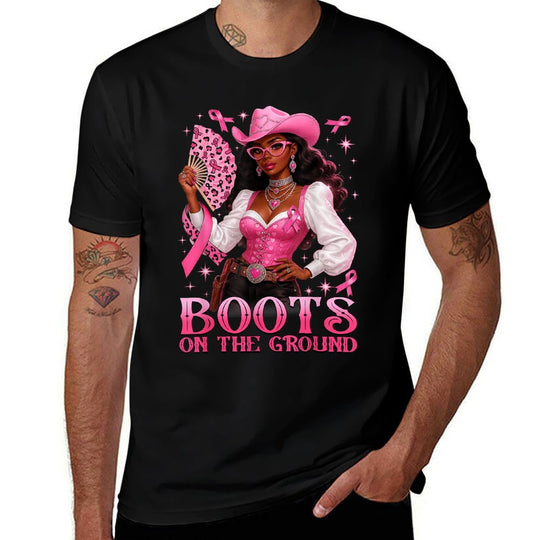 Boots On The Ground Pink Cowgirl Breast Cancer Western  Durable T-Shirt