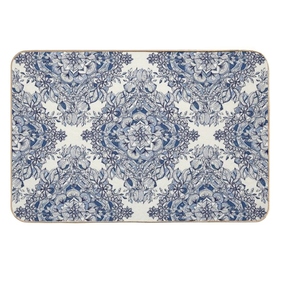 Floral Diamond Doodle in Dark Blue And Cream  Versatile Bath Mat