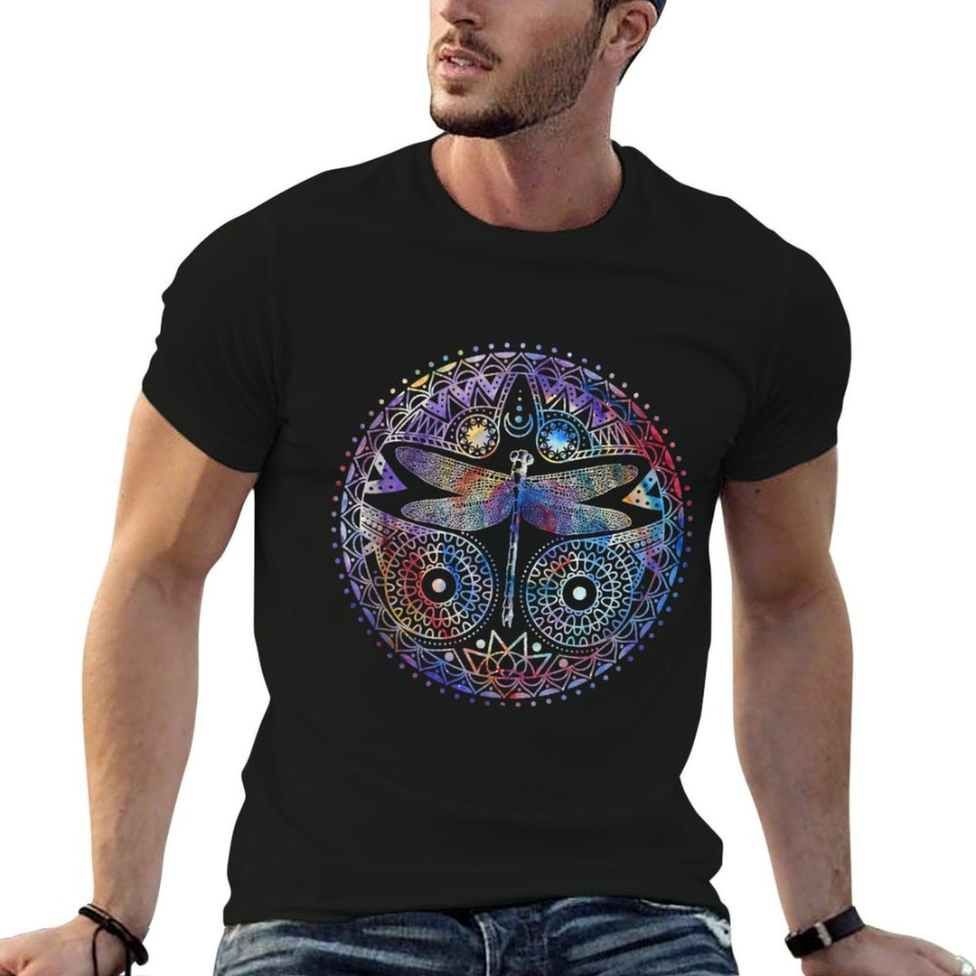 Colorful Dragonfly Crescent Moon Magical Mandala Design Gift  Ribbed Collar T-Shirt