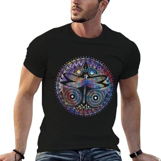 Colorful Dragonfly Crescent Moon Magical Mandala Design Gift  Ribbed Collar T-Shirt