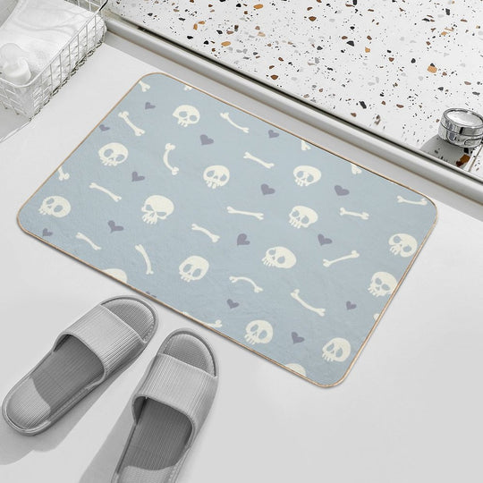 Cartoon Skulls with Hearts on Light Blue Background Seamless Pattern  Long-Lasting Bath Mat
