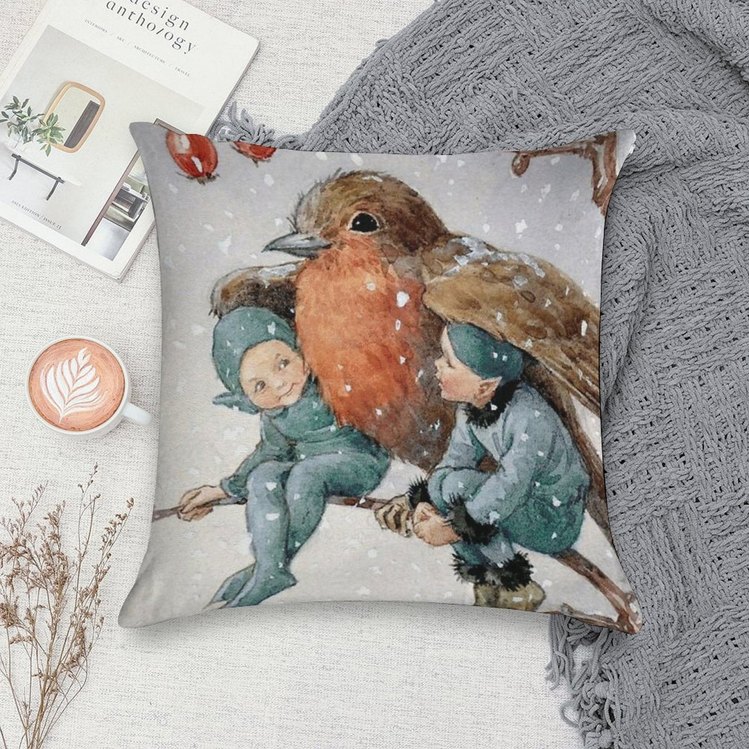 Christmas Elves Sheltering with A Robin - Margaret Tarrant Soft Ultra-Soft Texture Throw Pillow