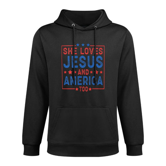 Womens She Loves Jesus And America Too Women USA Colorfast Hoodie