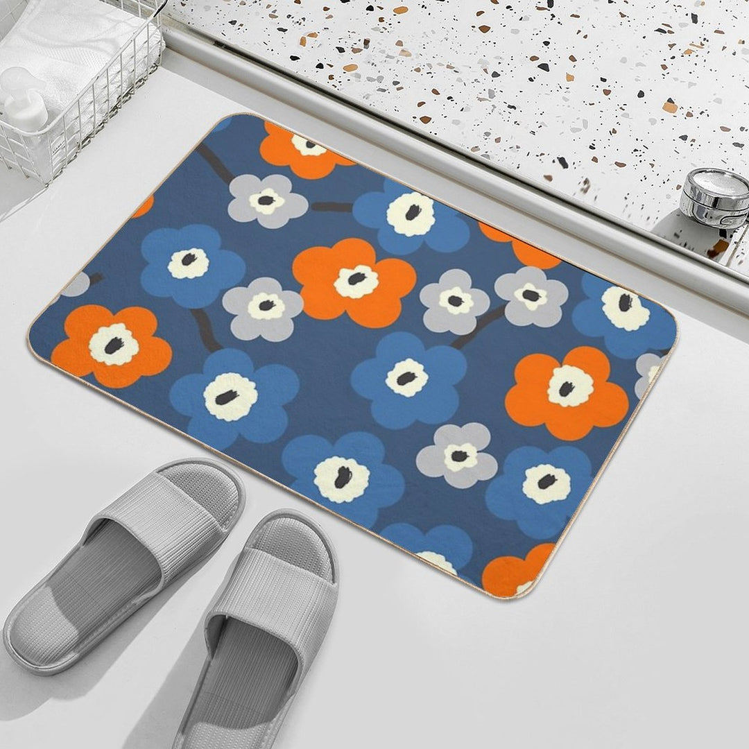 Iconic Modern Scandinavian Floral Pattern in Blue And Orange  Easy To Clean Bath Mat