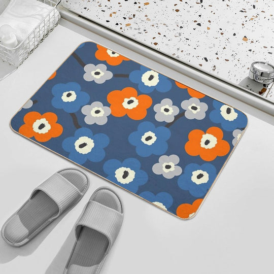 Iconic Modern Scandinavian Floral Pattern in Blue And Orange  Easy To Clean Bath Mat