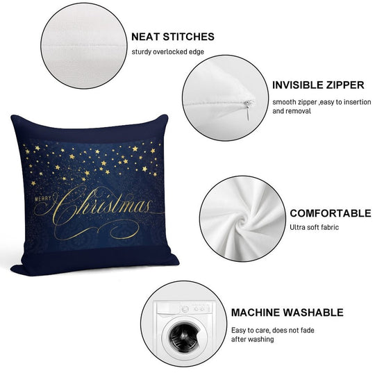 Merry Christmas Navy Blue And Faux Gold Leaf with Stars Soft Anti-Pilling Throw Pillow