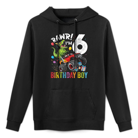 6th Birthday Boy Dinosaur Monster Truck Kangaroo Pocket Hoodie