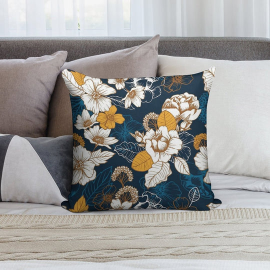 Navy And Gold Peony And Blossom Seamless Pattern Soft Fade-Resistant Throw Pillow