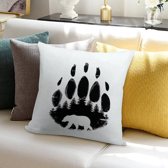 Black Bear Paw Print - Forest Landscape Soft Washable Throw Pillow