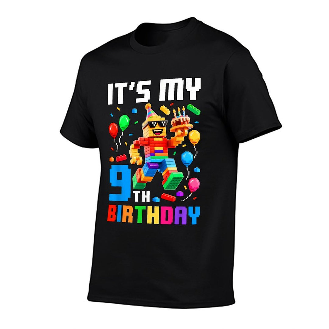 Its My 9th Birthday Building Brick 9 Years Old Boys Kids  Ribbed Collar T-Shirt