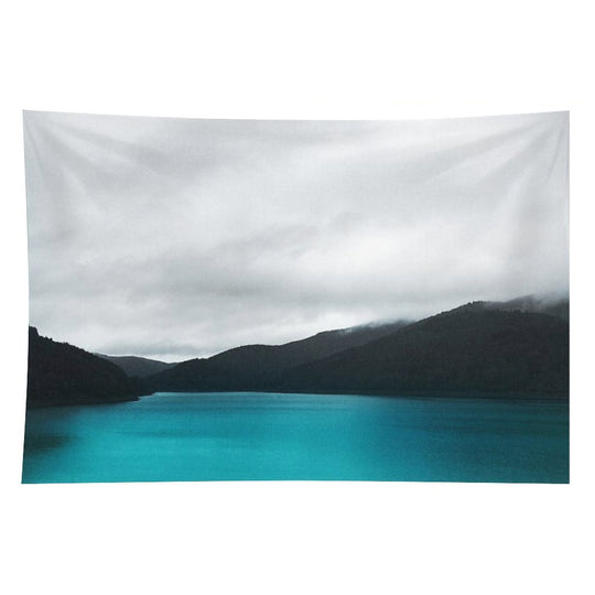 The Waters And The Wild  Vintage Retro Glowing Wilderness Mountain Lake With Cascadia Trees Covered In Fog Tapestry