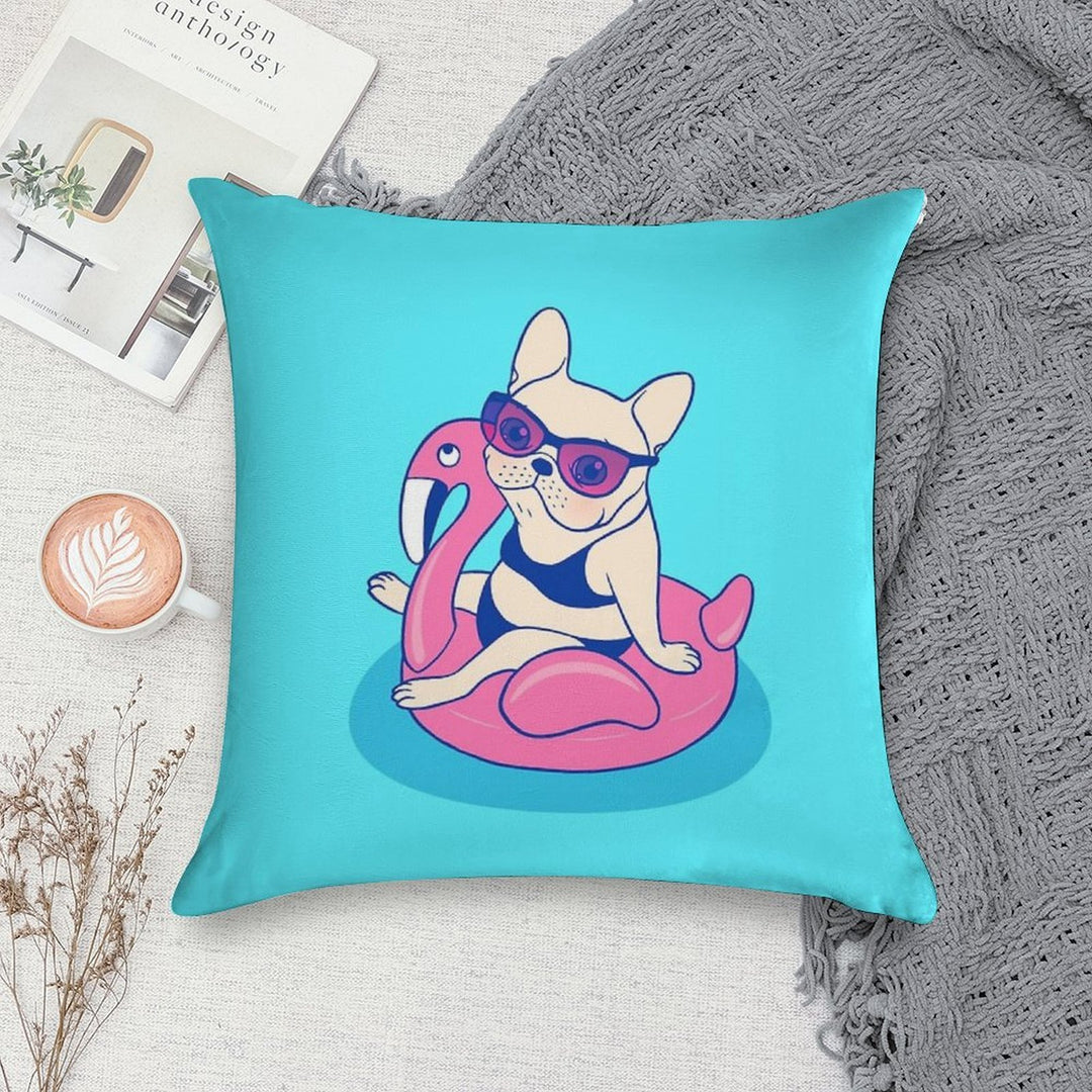 Frenchie Enjoys Summer on Flamingo Pool Float in Swimming Pool Soft Hidden Zipper Throw Pillow