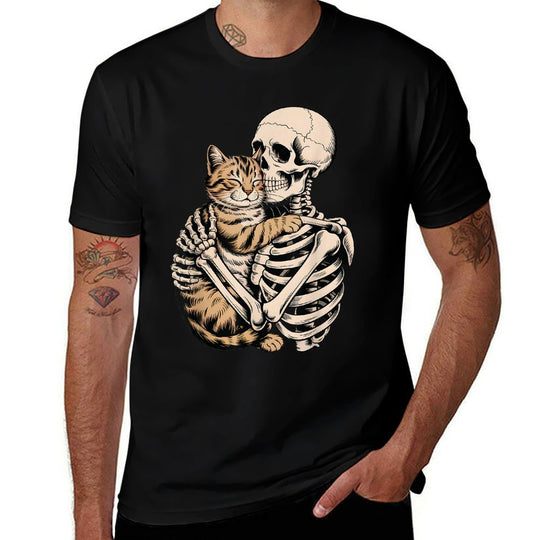 Skeleton Hugging Cat Halloween Funny Cat Lover Cat Mom Dad  Stretchy T-Shirt