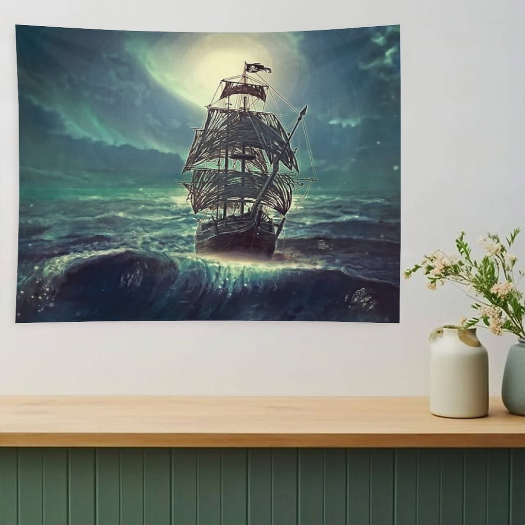 Ghost Pirate Ship at Night Tapestry
