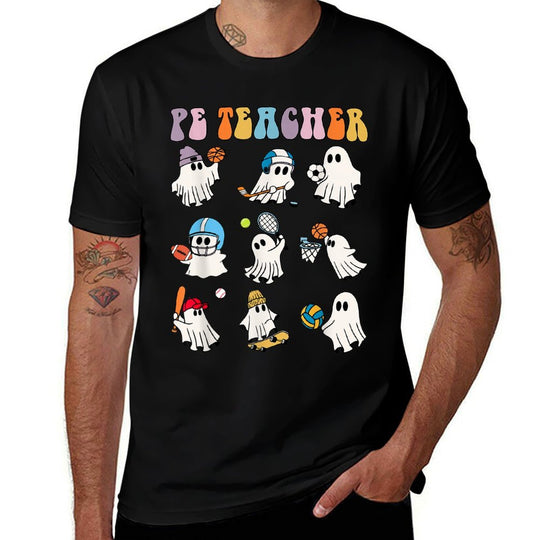 Halloween PE Teacher Ghost Playing Soccer Football Baseball  Summer-ready Fabric T-Shirt