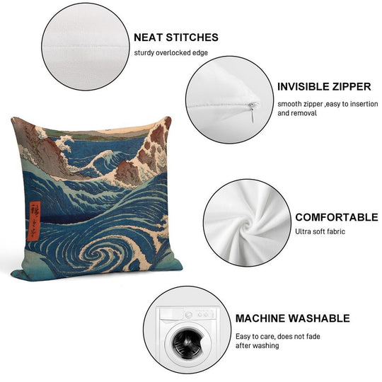 JAPAN UKIYO-E UTAGAWA HIROSHIGE WAVES Soft Reinforced Edging Throw Pillow