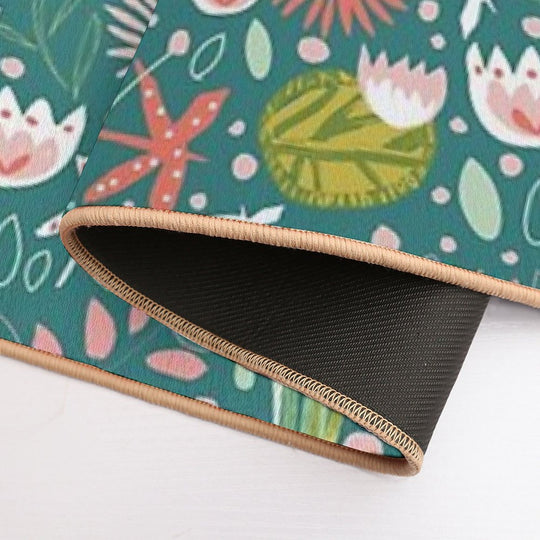 Frog And Dragonfly Floral Design  Easy To Clean Bath Mat