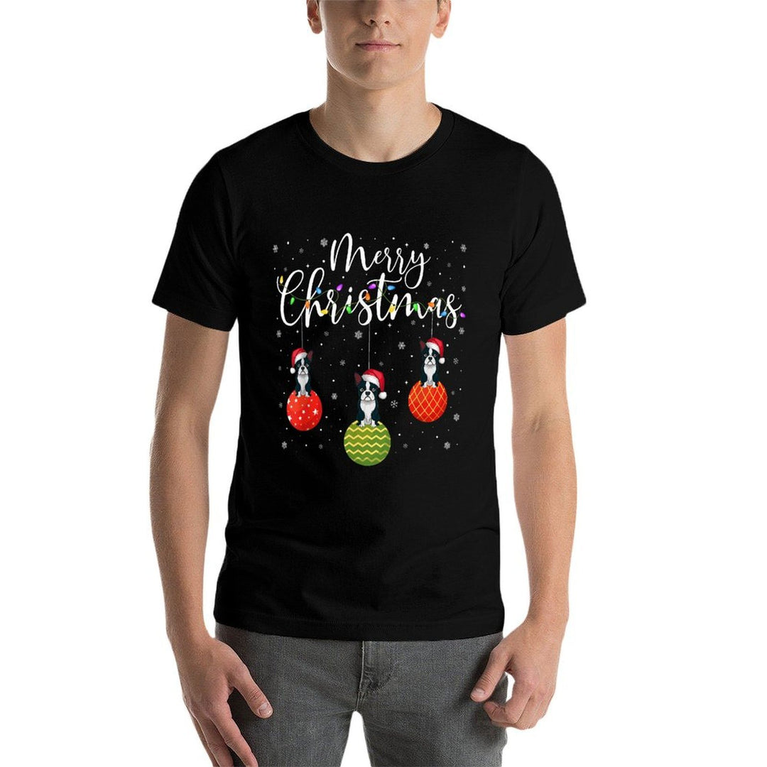 Merry Christmas Lights Santa Hat Boston Terrier Ugly Xmas  Summer-ready Fabric T-Shirt