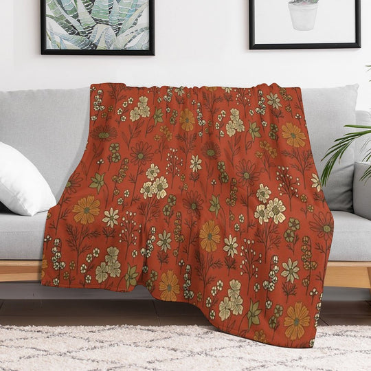 Burnt Orange & Olive Green Floral Comfort Throw Blanket
