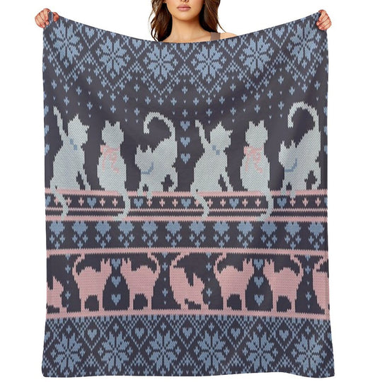 Fair Isle Knitting Cats Love  Dark Violet Background White And Violet Kitties And Details Quick-dry Throw Blanket