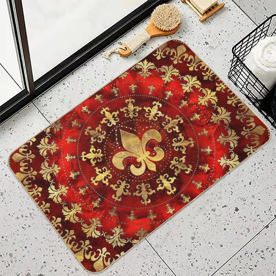 Fleur-de-lis Ornament Red Marble And Gold  Long-Lasting Bath Mat