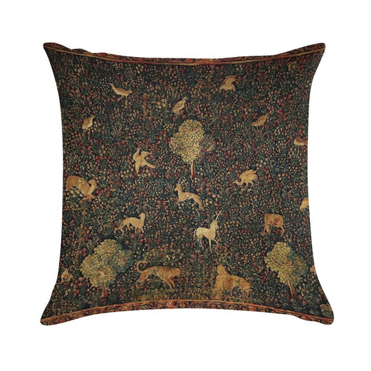 UNICORN AND MEDIEVAL BESTIARY Millefleurs Red Green Floral Tapestry ,Forest Animals, Soft Ultra-Soft Texture Throw Pillow