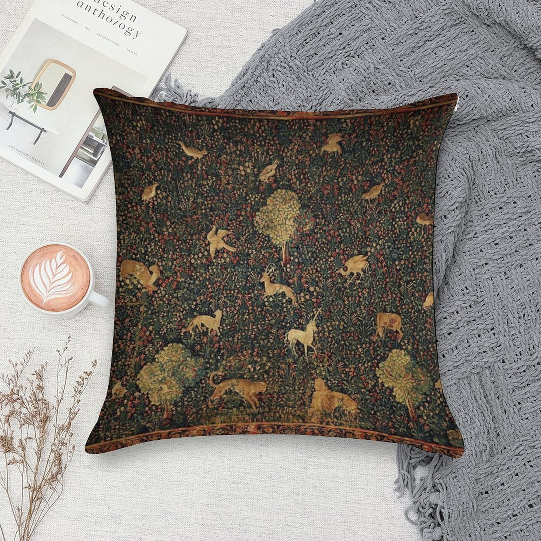 UNICORN AND MEDIEVAL BESTIARY Millefleurs Red Green Floral Tapestry ,Forest Animals, Soft Ultra-Soft Texture Throw Pillow