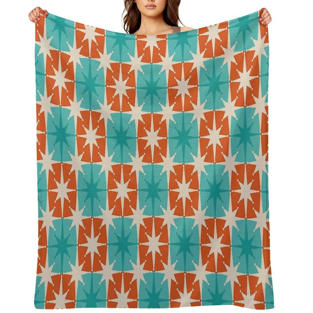 Mid Century Modern Atomic Stars Retro Checkered Starburst Pattern in Teal Turquoise Orange Plush Throw Blanket