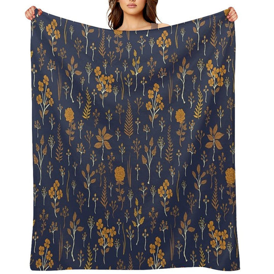 Navy Blue & Mustard Yellow Floral Pattern Comfort Throw Blanket