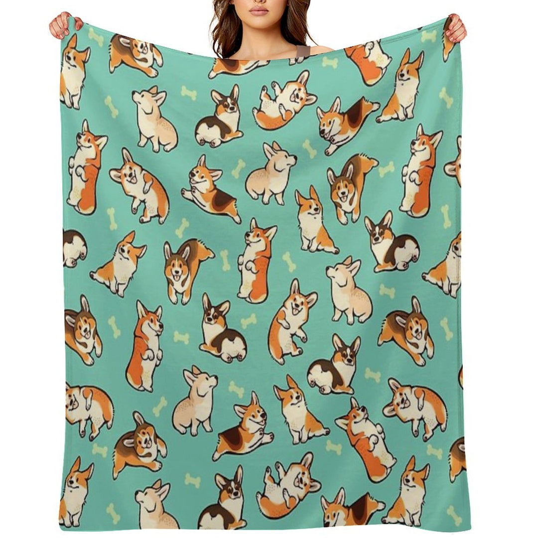 Jolly Corgis in Green Wrinkle-free Throw Blanket