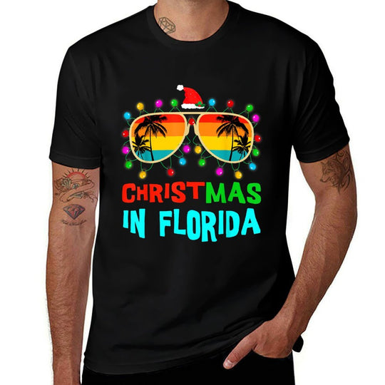 Christmas In Florida Sunglasses Palm Trees Family Vacation  Eco-friendly Material T-Shirt