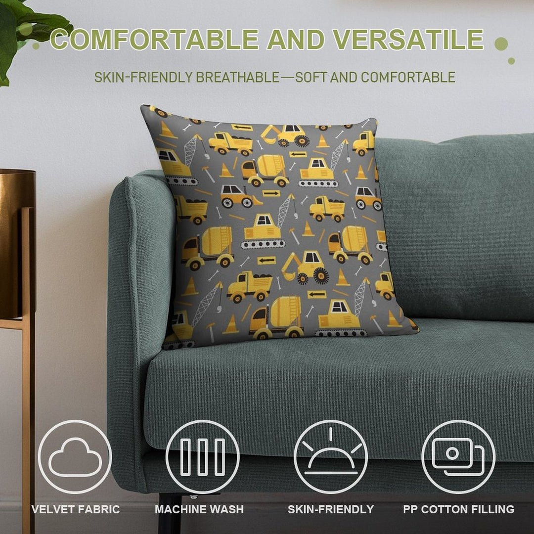 Construction Trucks on Gray Soft Short Plush Fabric Throw Pillow