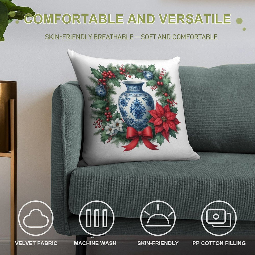 Chinoiserie Christmas Wreath with Blue White Porcelain Ginger Jar Soft Luxury Feel Throw Pillow
