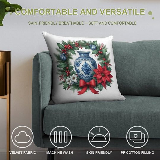 Chinoiserie Christmas Wreath with Blue White Porcelain Ginger Jar Soft Luxury Feel Throw Pillow