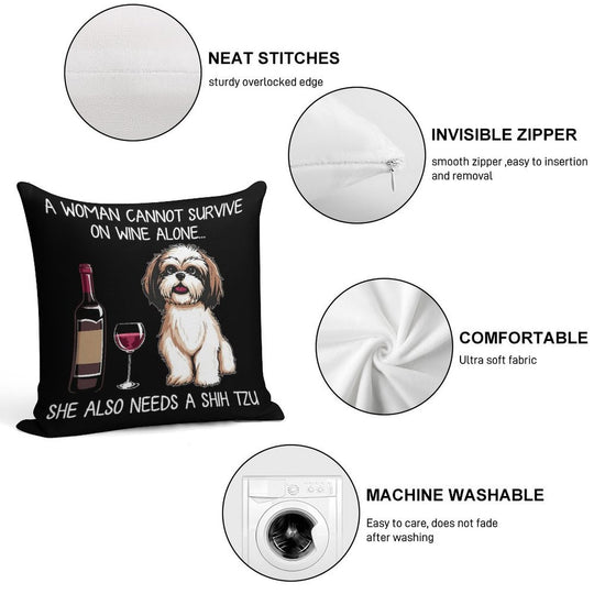 Shih Tzu And Wine Funny Dog Soft Home Decor Throw Pillow