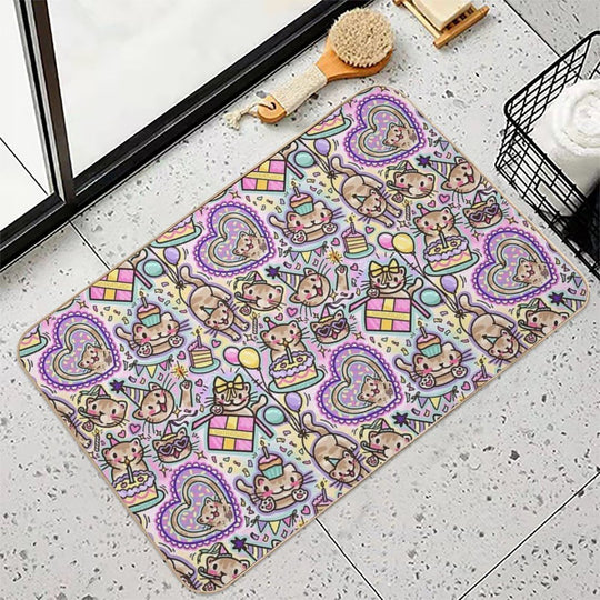 Silly Birthday Cat (shiratwig)  Fade-Resistant Bath Mat