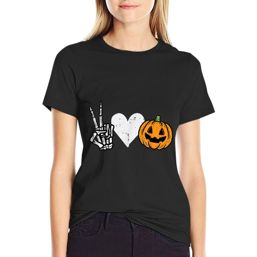 Peace Love Pumpkin Skeleton Halloween Costume For Women  Wrinkle-resistant T-Shirt