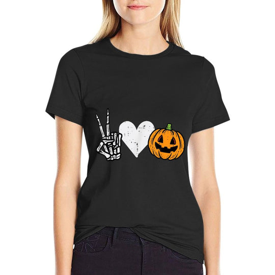 Peace Love Pumpkin Skeleton Halloween Costume For Women  Wrinkle-resistant T-Shirt