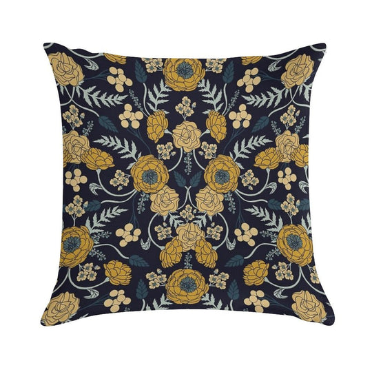 Navy Blue, Turquoise, Cream & Mustard Yellow Dark Floral Pattern Soft Luxury Feel Throw Pillow