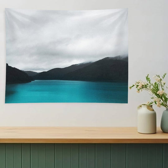 The Waters And The Wild  Vintage Retro Glowing Wilderness Mountain Lake With Cascadia Trees Covered In Fog Tapestry