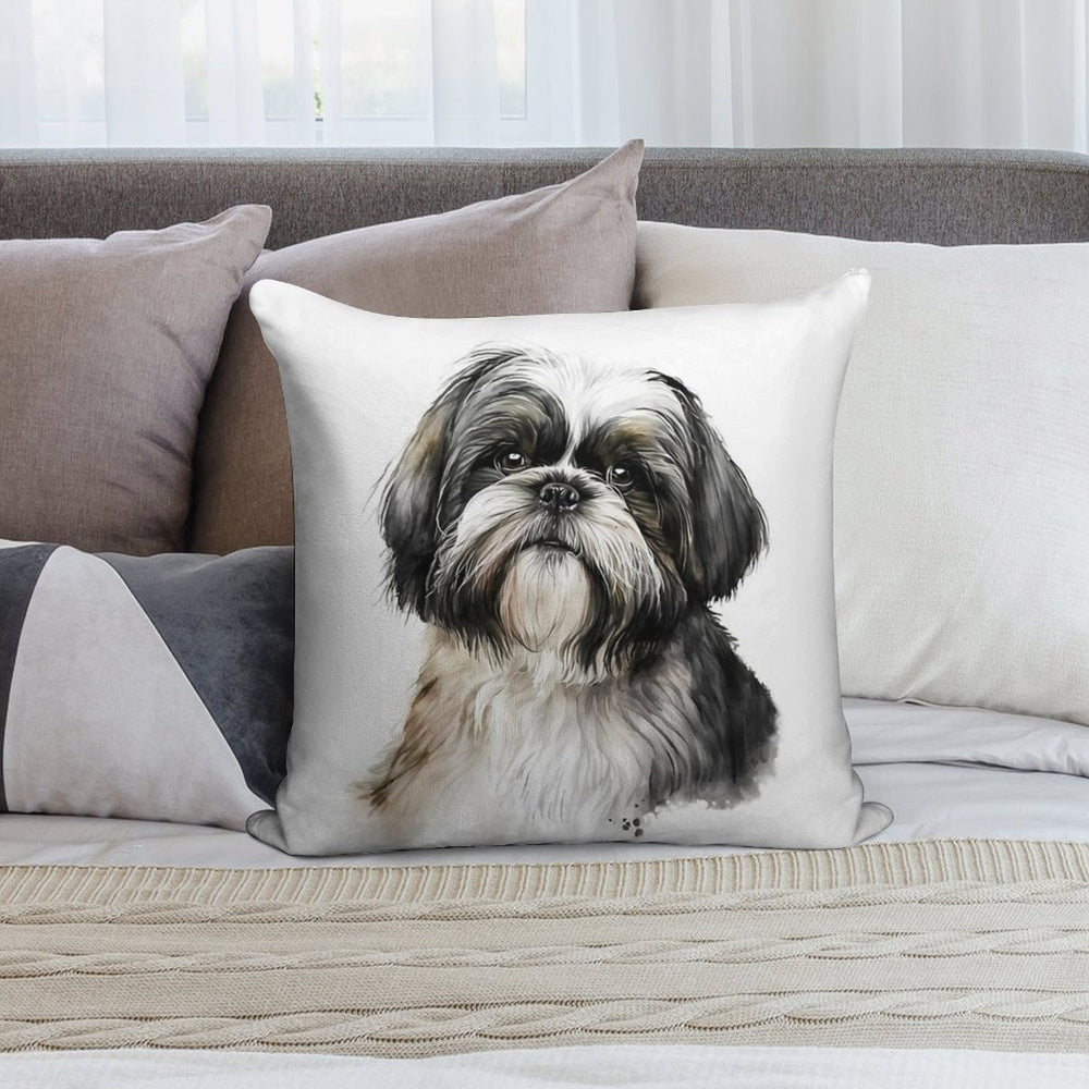 Shih Tzu Black White Watercolor Portrait Soft Home Decor Throw Pillow