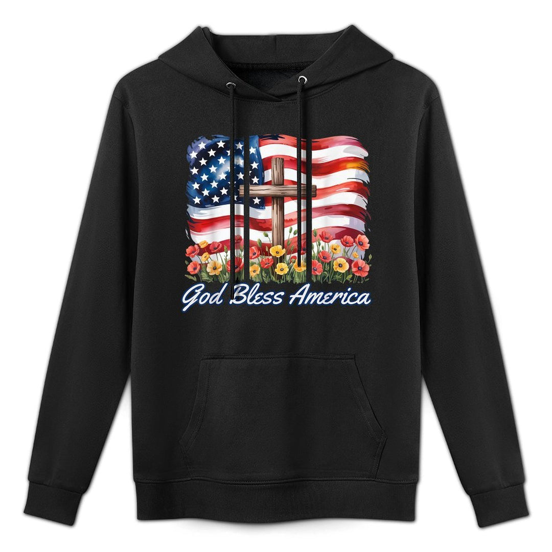 God Bless America Cross Flowers Patriotic 4th of July Moisture-Wicking Hoodie