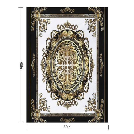 Ornate Baroque White Gold Black Greek Key Meander Sustainable Throw Blanket