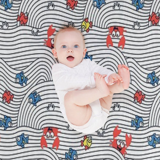 Grafic Waves from Stripes with Fish And Crabs. Sea Seamless Pattern. Plush Throw Blanket