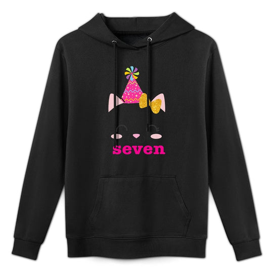 Kids SEVEN (7 Year Old) 7th Birthday Girl Kitty Cat Theme Premium Kangaroo Pocket Hoodie