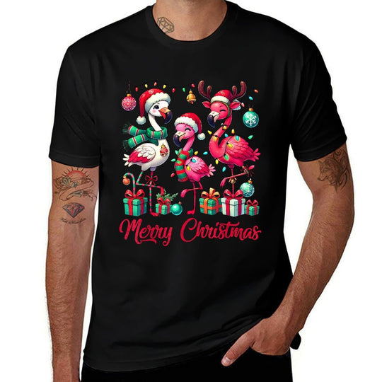 Merry Christmas Lights Flamingo Santa Hat Snow Xmas Pajamas  Moisture-wicking T-Shirt