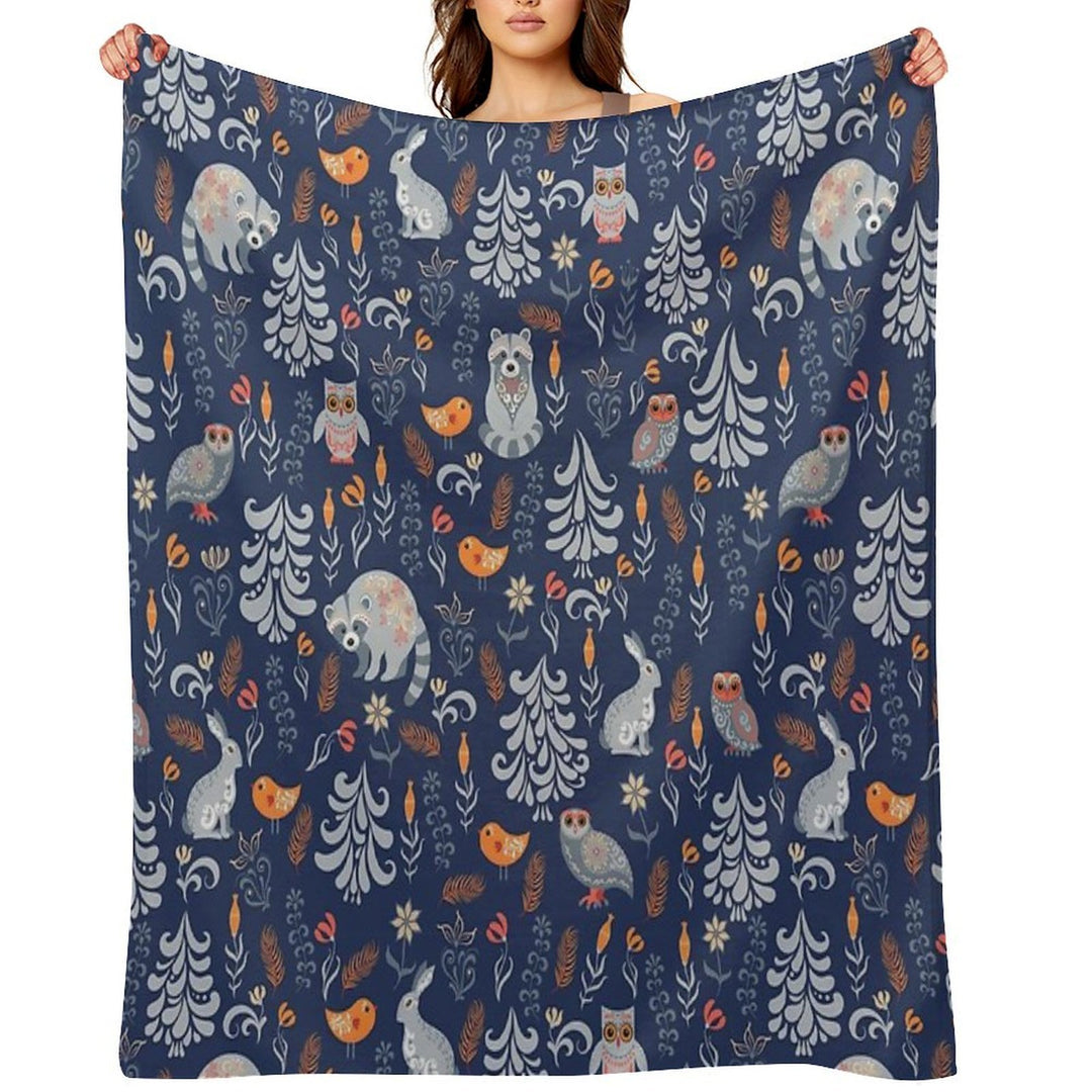 Fairy Forest with Animals And Birds. Raccoons, Owls, Bunnies And Little Chick. All-season Throw Blanket